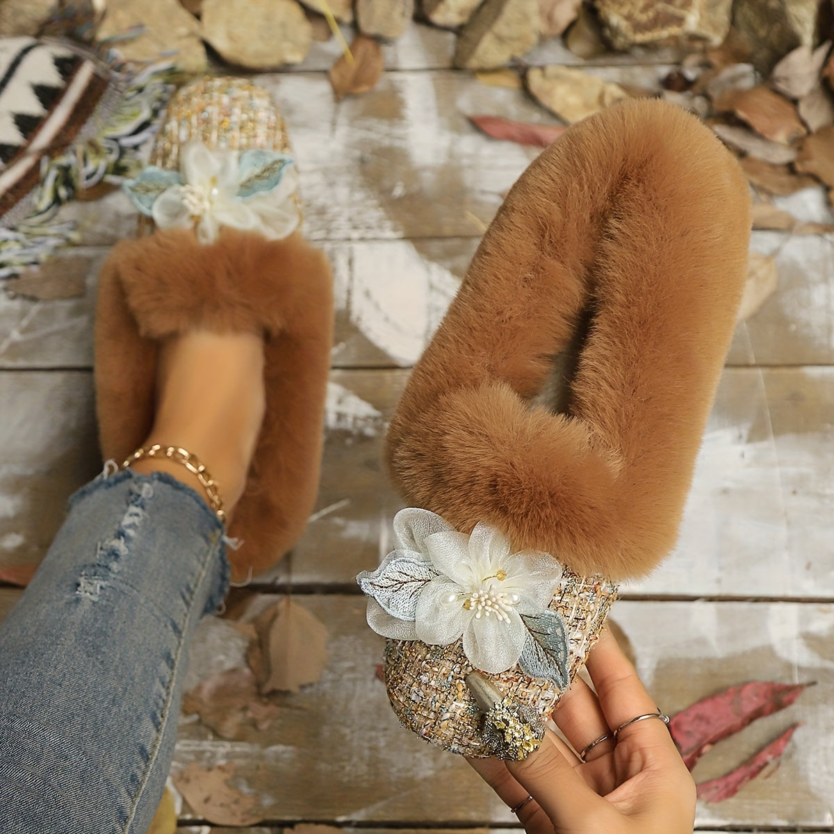 Ballerines Doublées en Polaire pour Femmes avec Nœud - Bout Carré, Chaussures Confortables pour Intérieur/Extérieur en Hiver