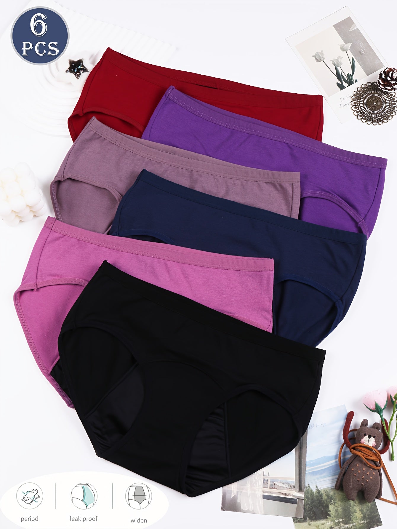 6 Culottes Menstruelles pour Femmes - Protection Anti-Fuites Respirante à Taille Basse avec Couverture Totale, 6 Couleurs