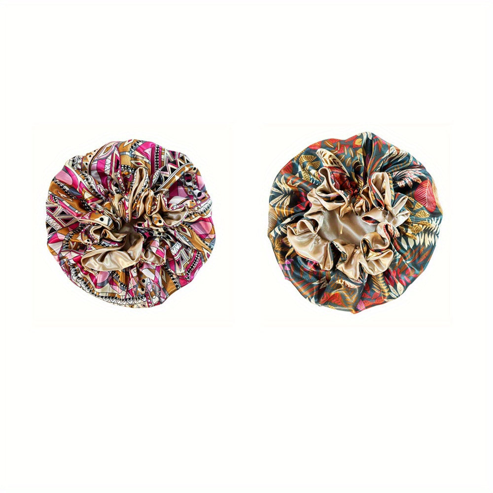 Lot de 2 bonnets en satin pour femmes, double couche, soyeux, imprimé floral et animalier, matière douce pour la nuit, idéal pour se détendre, accessoire de nuit élégant