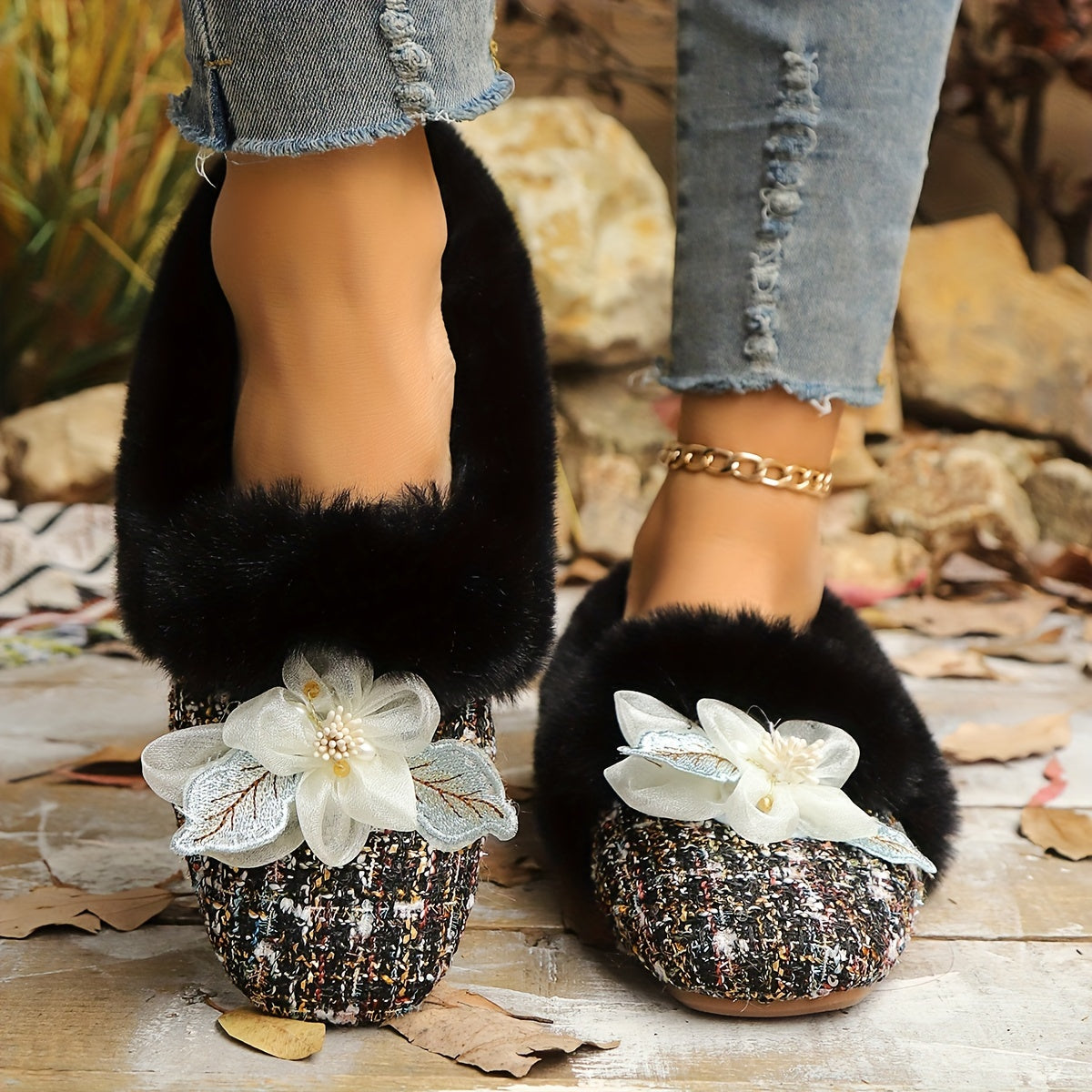 Ballerines Doublées en Polaire pour Femmes avec Nœud - Bout Carré, Chaussures Confortables pour Intérieur/Extérieur en Hiver