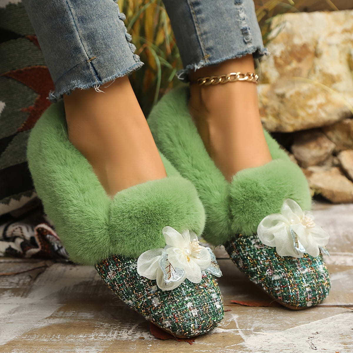 Ballerines Doublées en Polaire pour Femmes avec Nœud - Bout Carré, Chaussures Confortables pour Intérieur/Extérieur en Hiver