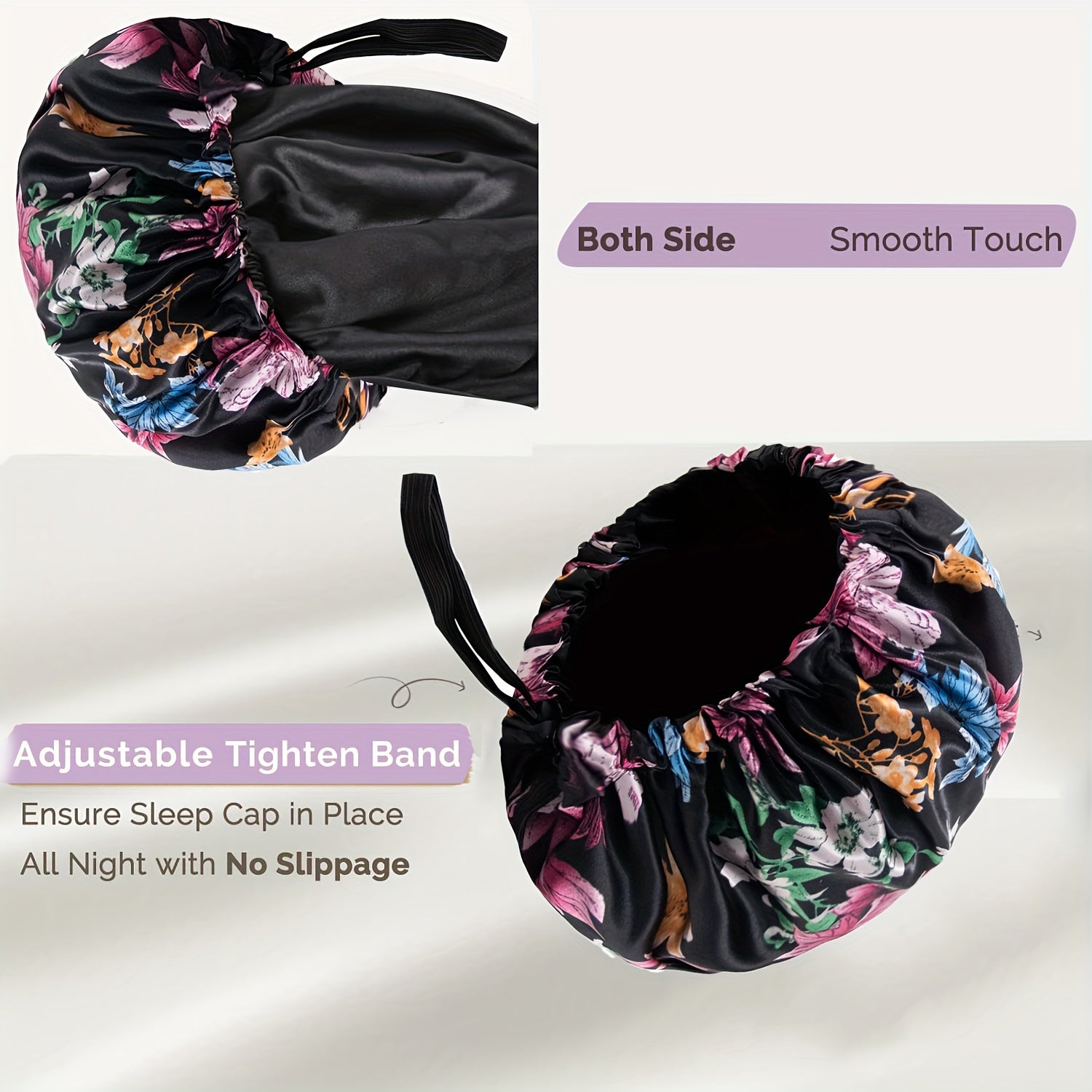 Bonnet de Nuit en Satin Luxueux pour Femmes - Grande Taille Ajustable à Double Couche avec Motifs Floraux et Unis