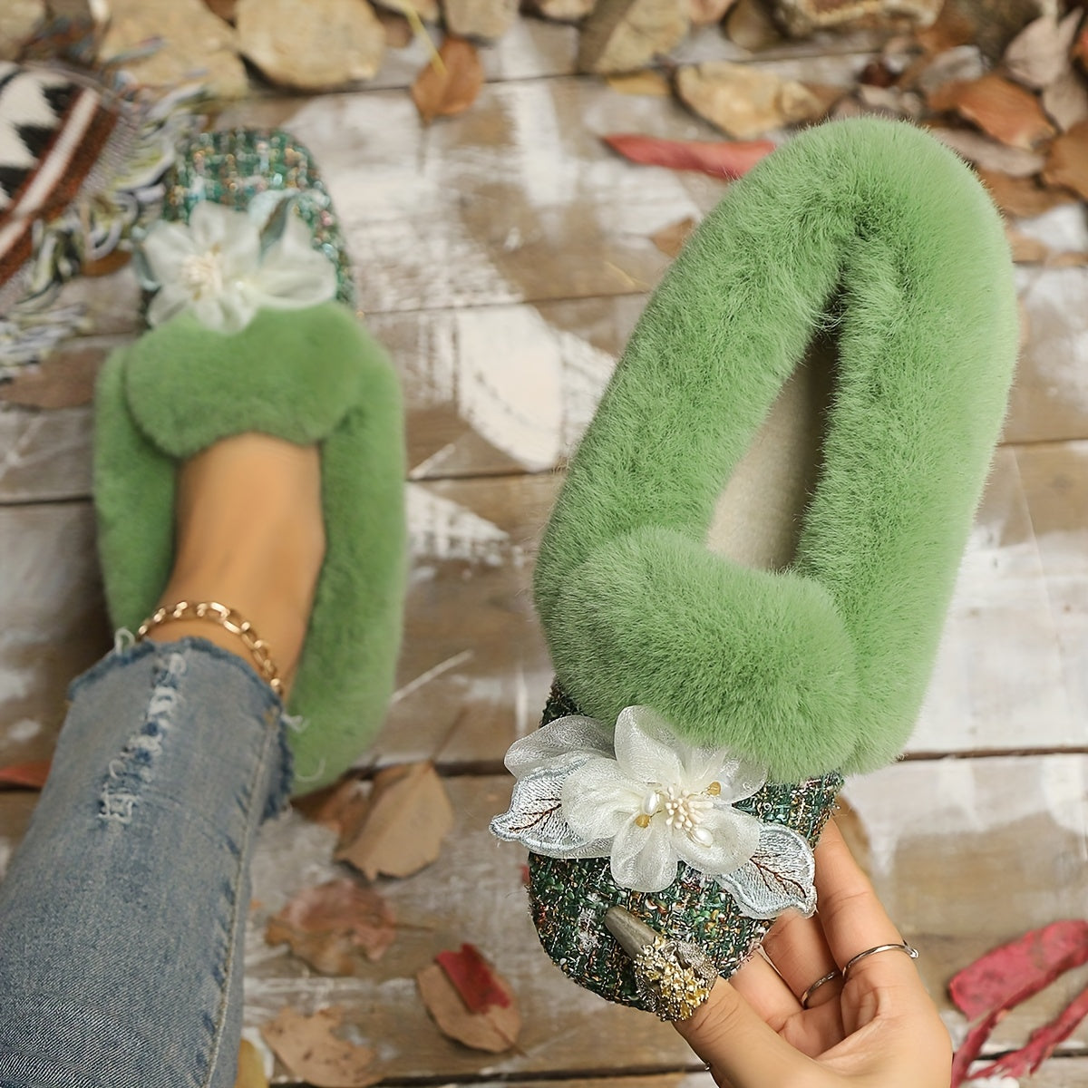 Ballerines Doublées en Polaire pour Femmes avec Nœud - Bout Carré, Chaussures Confortables pour Intérieur/Extérieur en Hiver