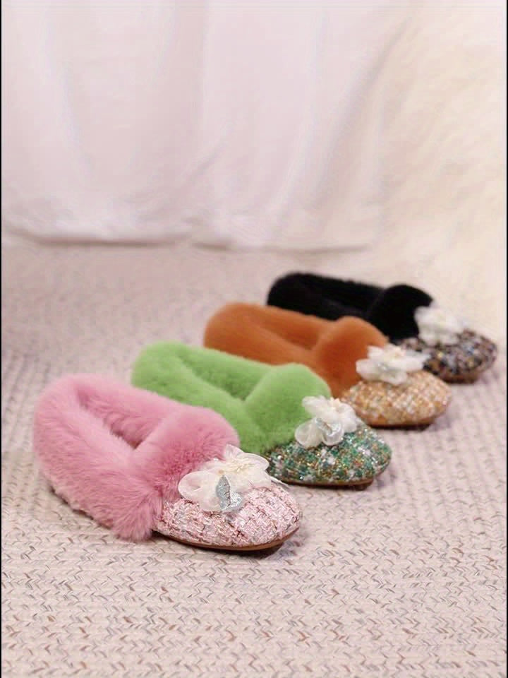Ballerines Doublées en Polaire pour Femmes avec Nœud - Bout Carré, Chaussures Confortables pour Intérieur/Extérieur en Hiver