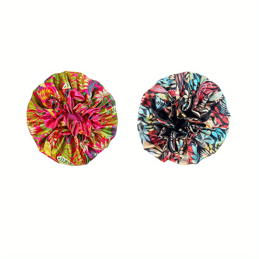 Lot de 2 bonnets en satin pour femmes, double couche, soyeux, imprimé floral et animalier, matière douce pour la nuit, idéal pour se détendre, accessoire de nuit élégant