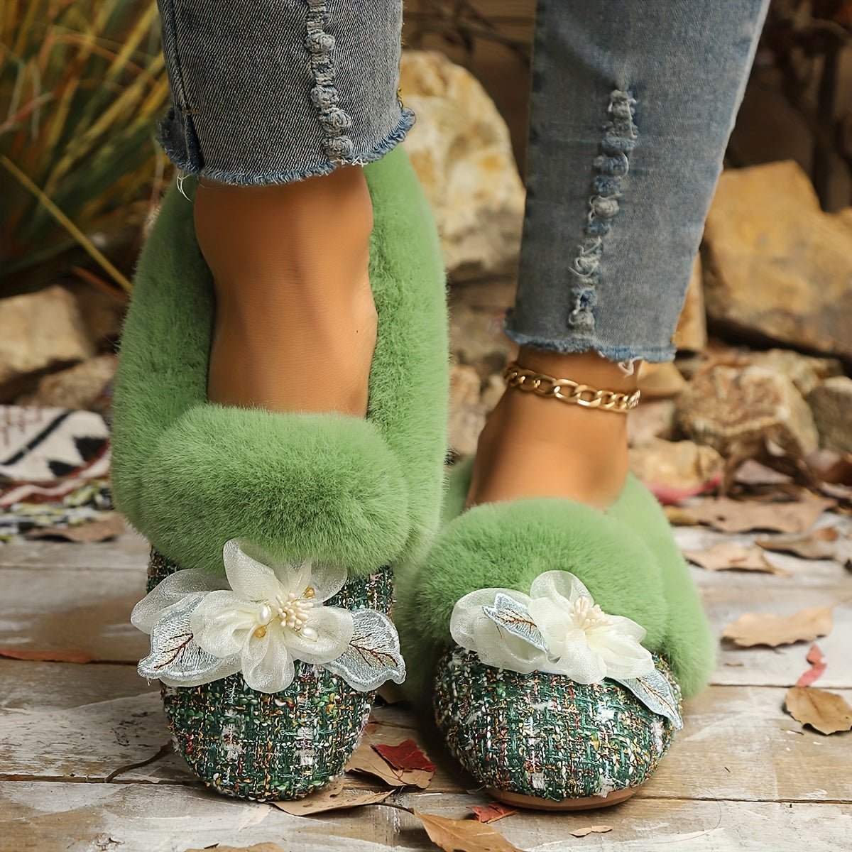 Ballerines Doublées en Polaire pour Femmes avec Nœud - Bout Carré, Chaussures Confortables pour Intérieur/Extérieur en Hiver