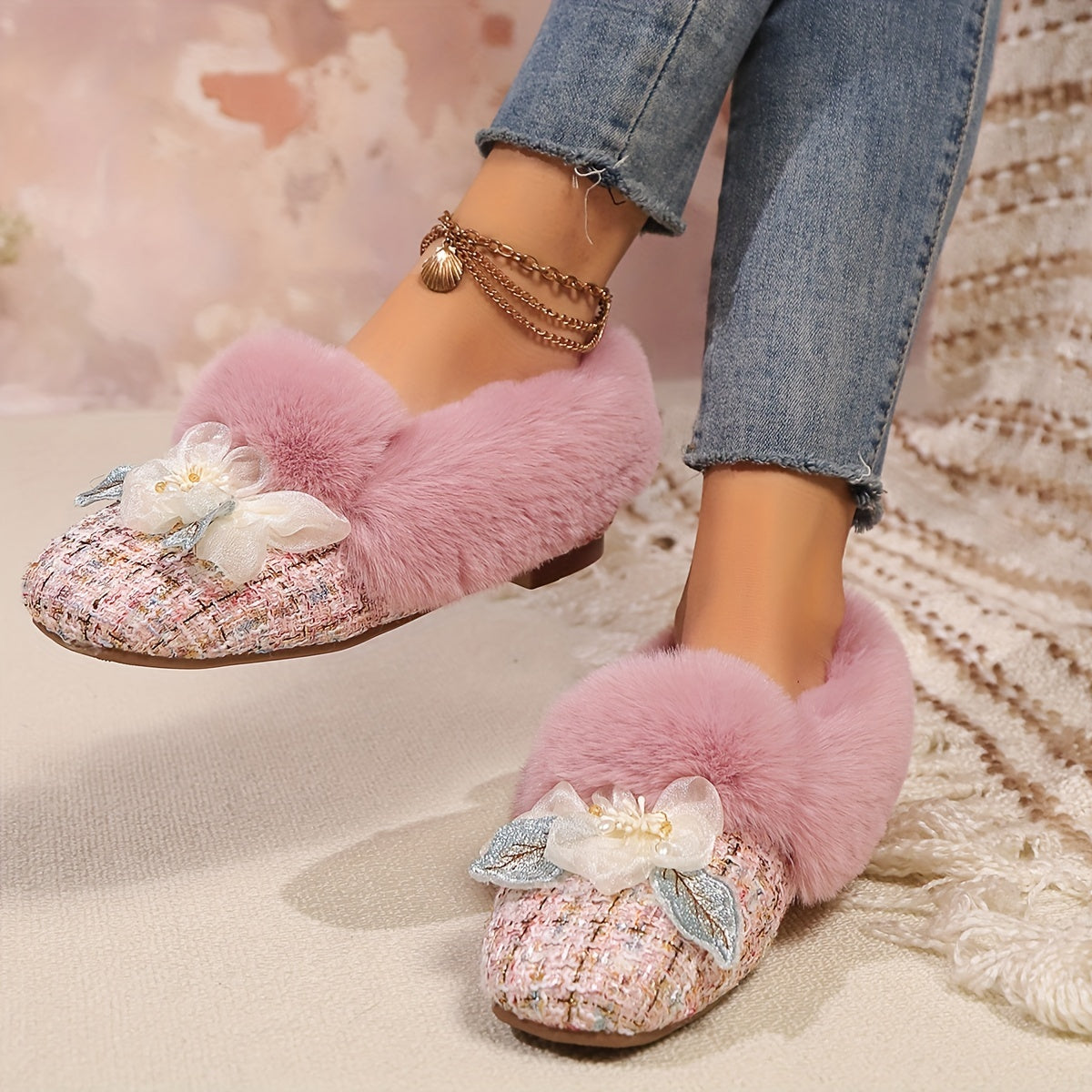Ballerines Doublées en Polaire pour Femmes avec Nœud - Bout Carré, Chaussures Confortables pour Intérieur/Extérieur en Hiver