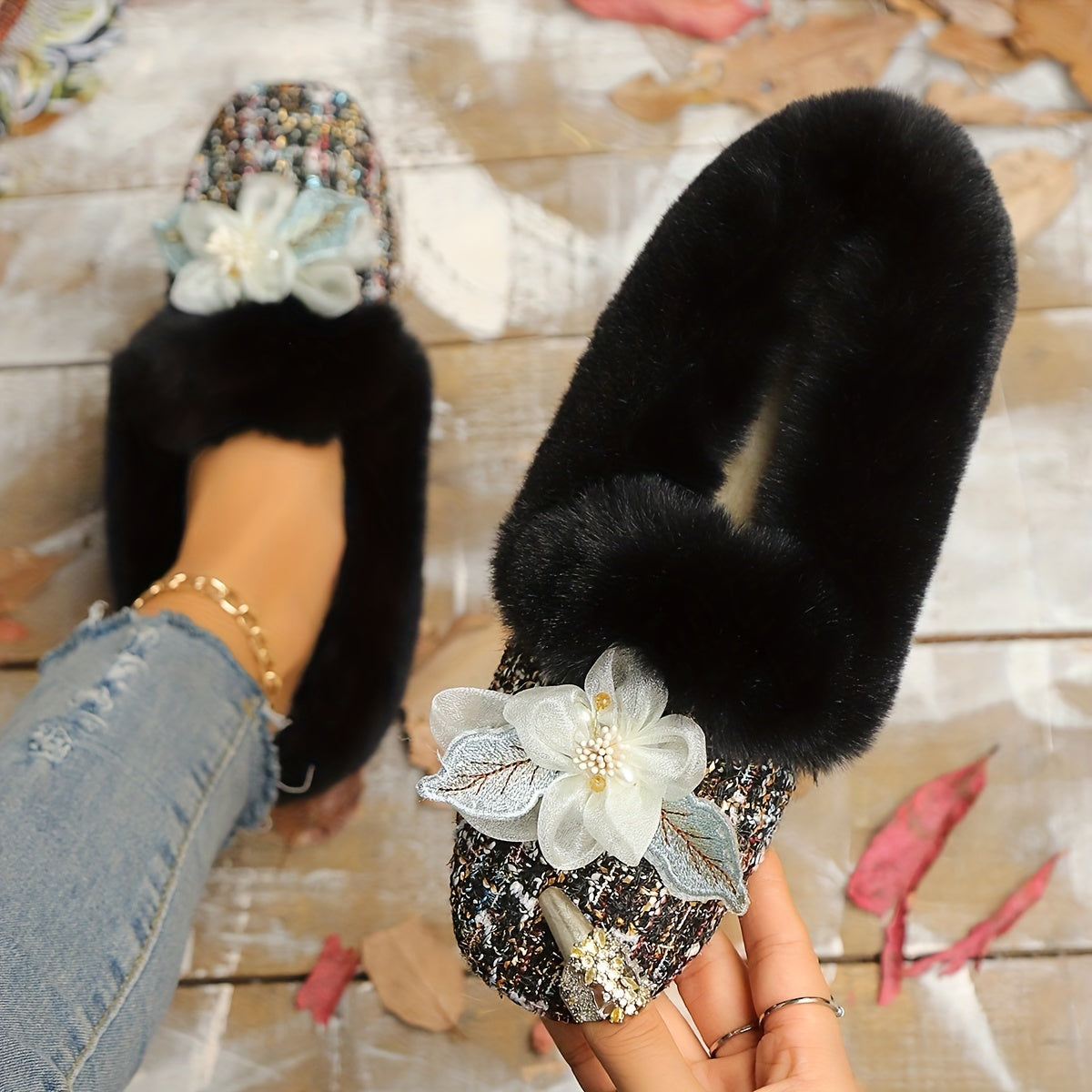 Ballerines Doublées en Polaire pour Femmes avec Nœud - Bout Carré, Chaussures Confortables pour Intérieur/Extérieur en Hiver