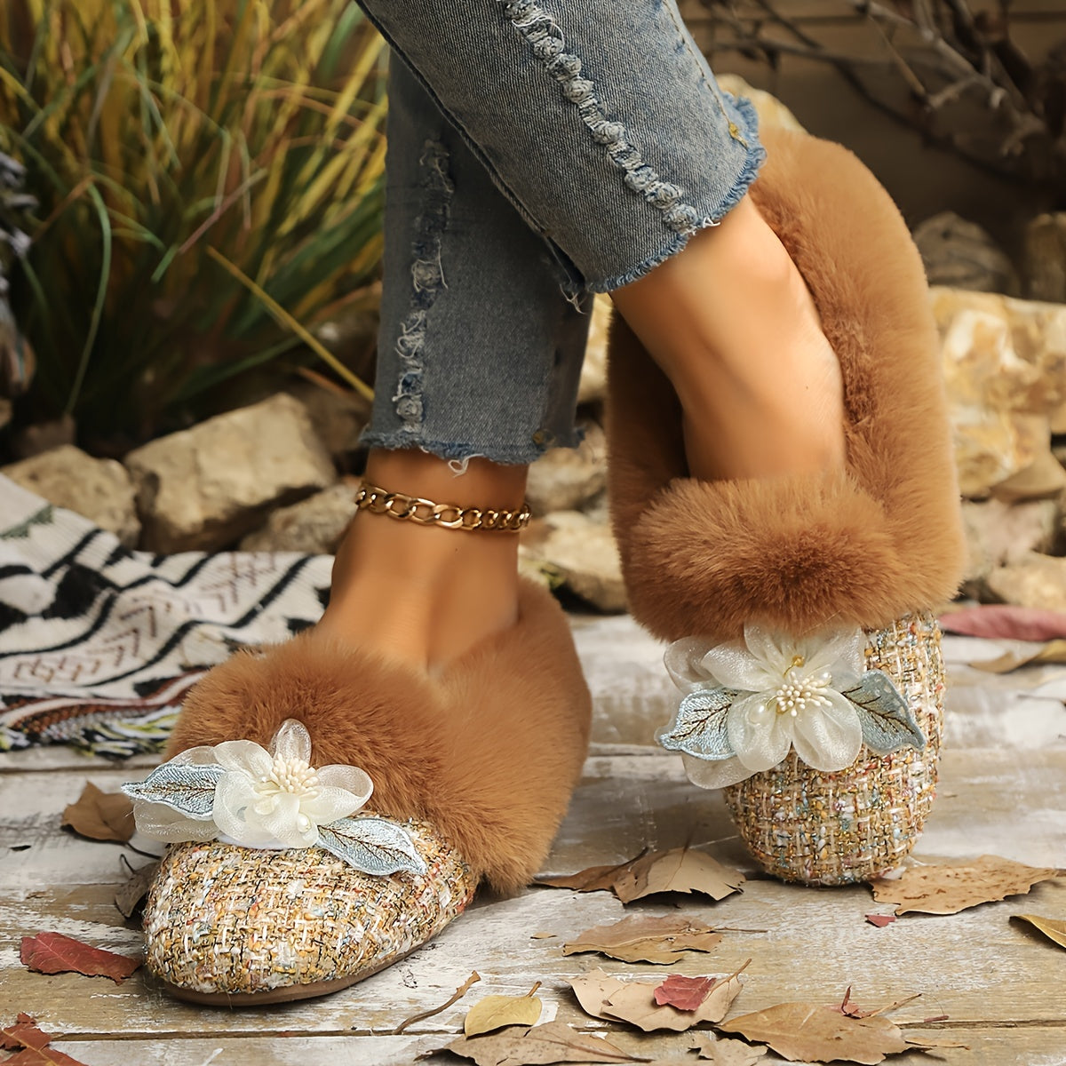 Ballerines Doublées en Polaire pour Femmes avec Nœud - Bout Carré, Chaussures Confortables pour Intérieur/Extérieur en Hiver