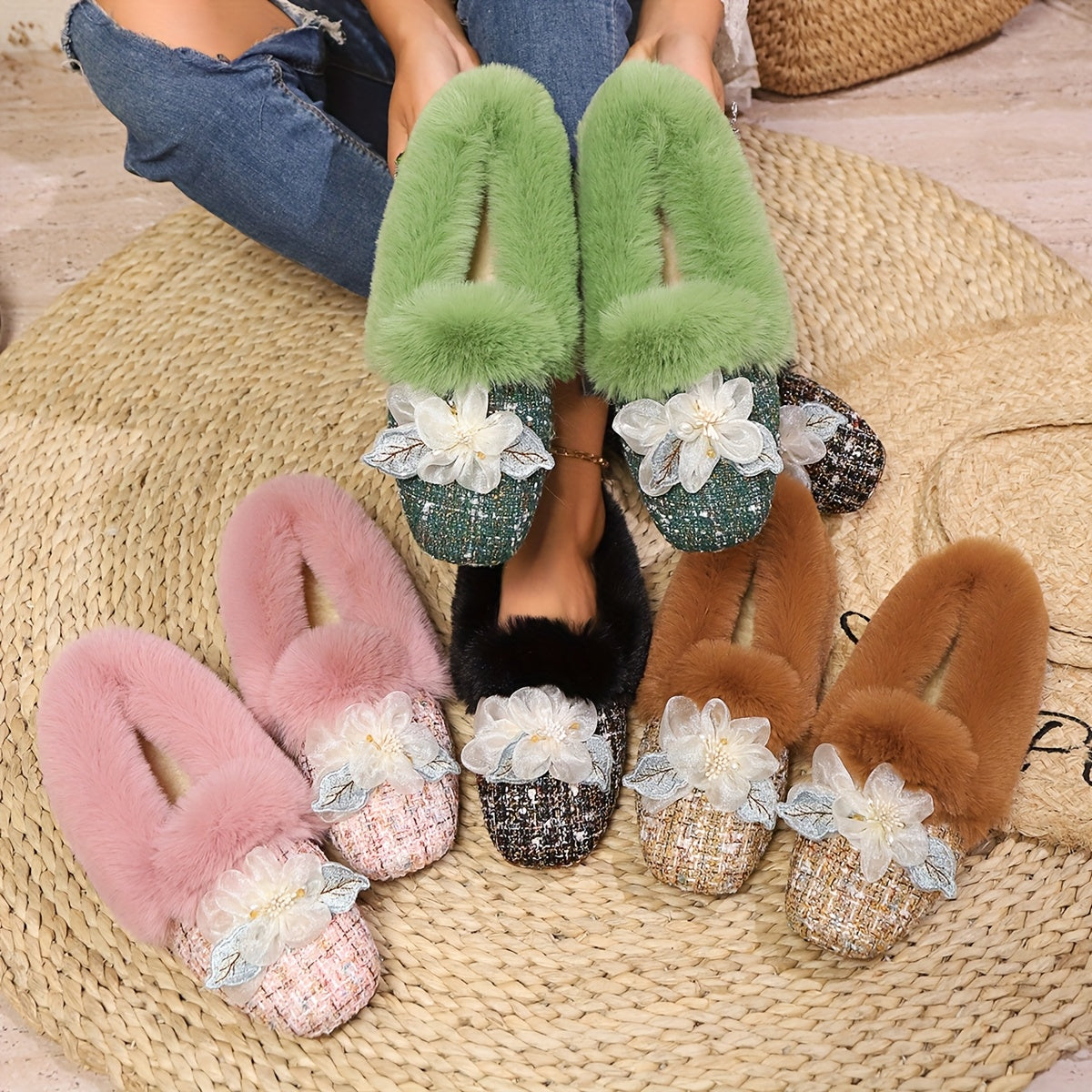 Ballerines Doublées en Polaire pour Femmes avec Nœud - Bout Carré, Chaussures Confortables pour Intérieur/Extérieur en Hiver