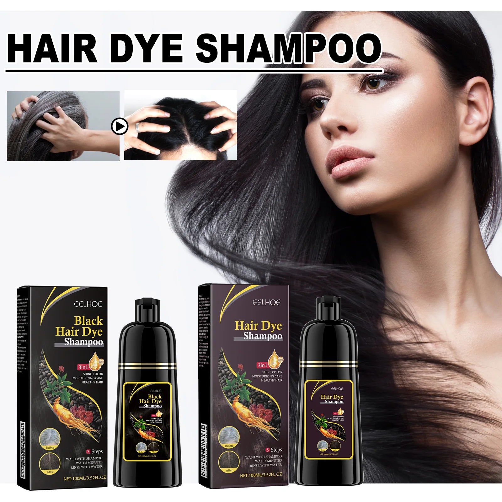 Eelhoe 100ml shampooing de teinture pour cheveux 3 en 1