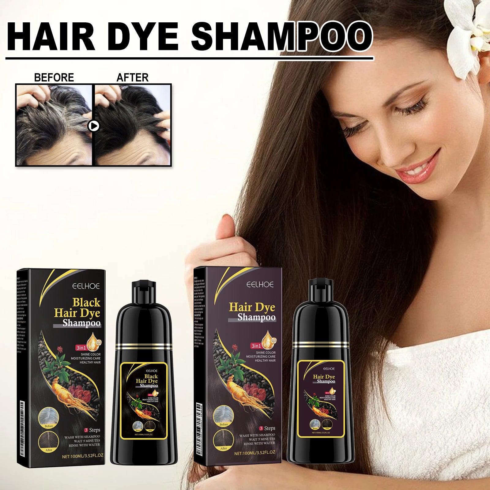 Eelhoe 100ml shampooing de teinture pour cheveux 3 en 1