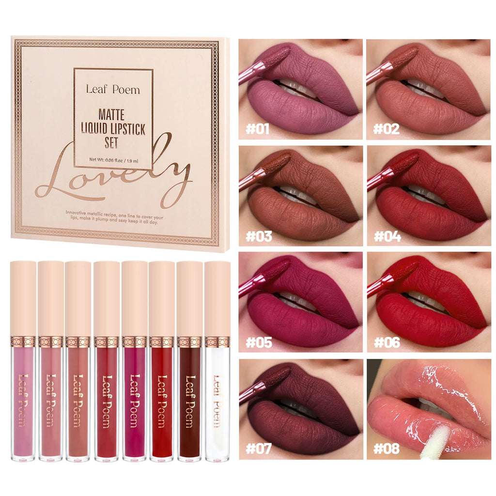 8 pcs rouge à lèvres liquide mat, vernis à lèvres - brillant à lèvres imperméable, antiadhésif, longue durée, tons marron, rose, violet et rouge, adapté pour la Saint-Valentin, au quotidien, les fêtes, les voyages