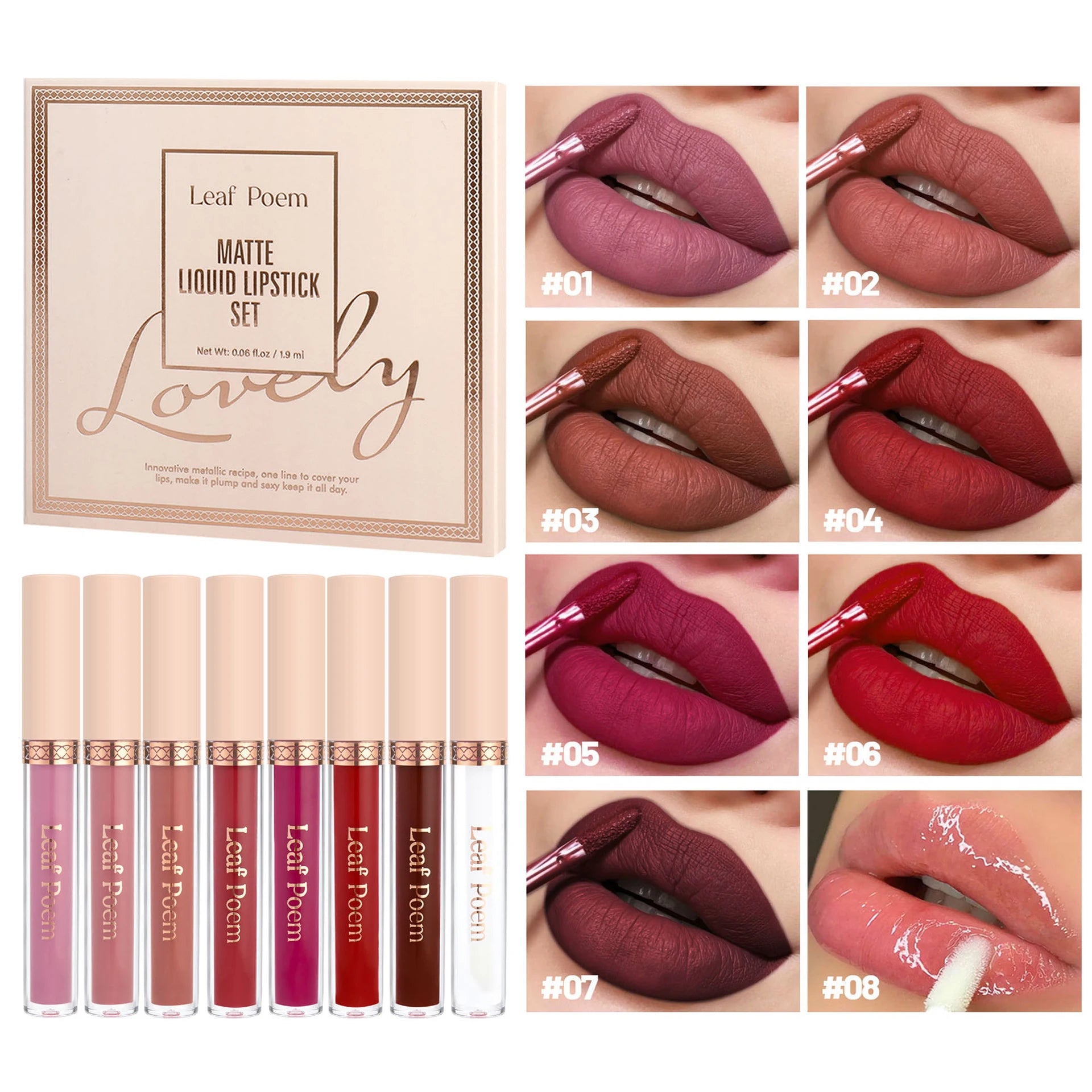 8 pcs rouge à lèvres liquide mat, vernis à lèvres - brillant à lèvres imperméable, antiadhésif, longue durée, tons marron, rose, violet et rouge, adapté pour la Saint-Valentin, au quotidien, les fêtes, les voyages