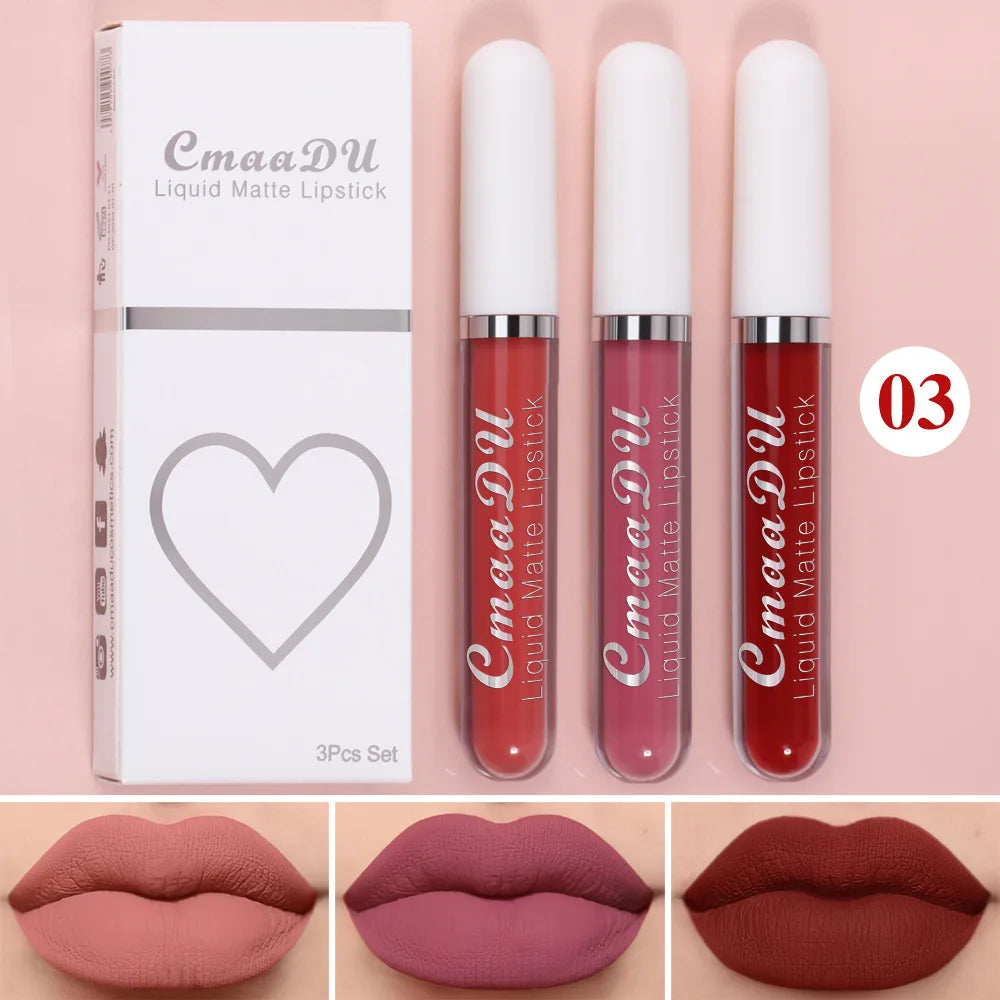 3 pièces/ensemble mat velours brillant à lèvres imperméable longue durée liquide rouge à lèvres cosmétique beauté garder 24 heures maquillage maquillages