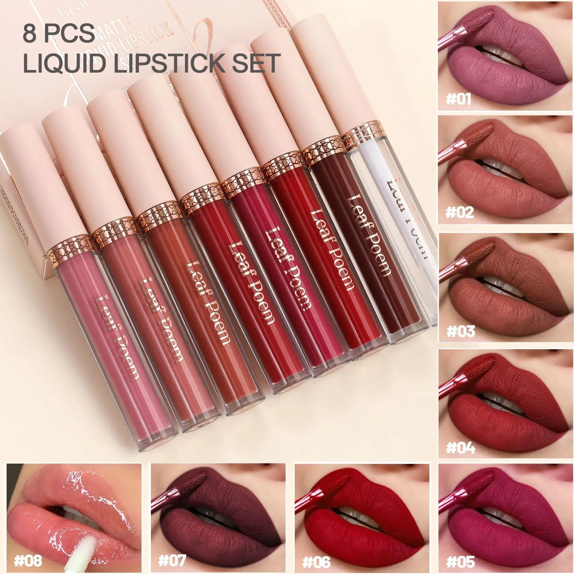 8 pcs rouge à lèvres liquide mat, vernis à lèvres - brillant à lèvres imperméable, antiadhésif, longue durée, tons marron, rose, violet et rouge, adapté pour la Saint-Valentin, au quotidien, les fêtes, les voyages