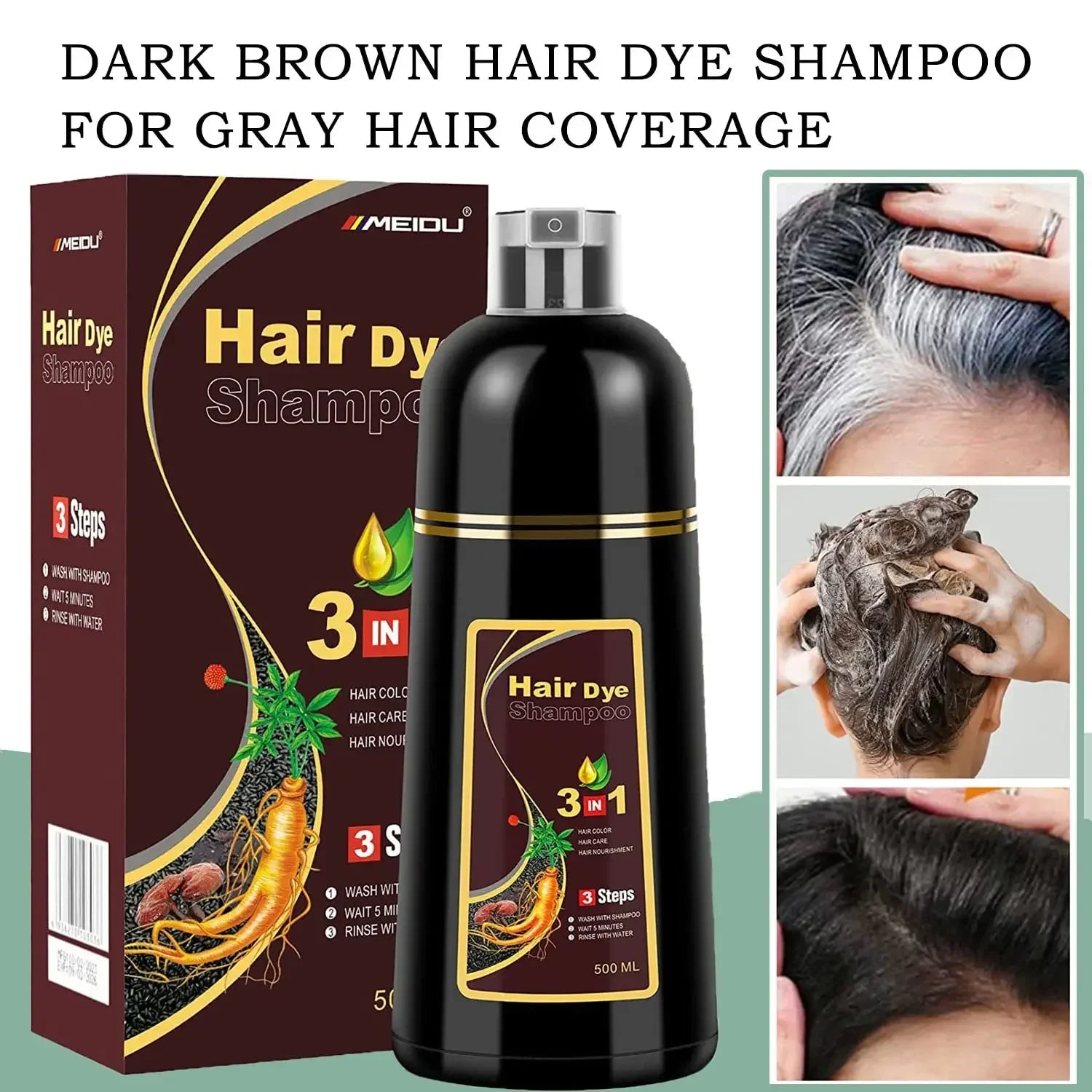 Shampoing 3 en 1 pour teinture capillaire, 100ml/500ml, assombrissant instantané, gris à noir, Polygonum Multiflorum, couverture naturelle pour hommes et femmes