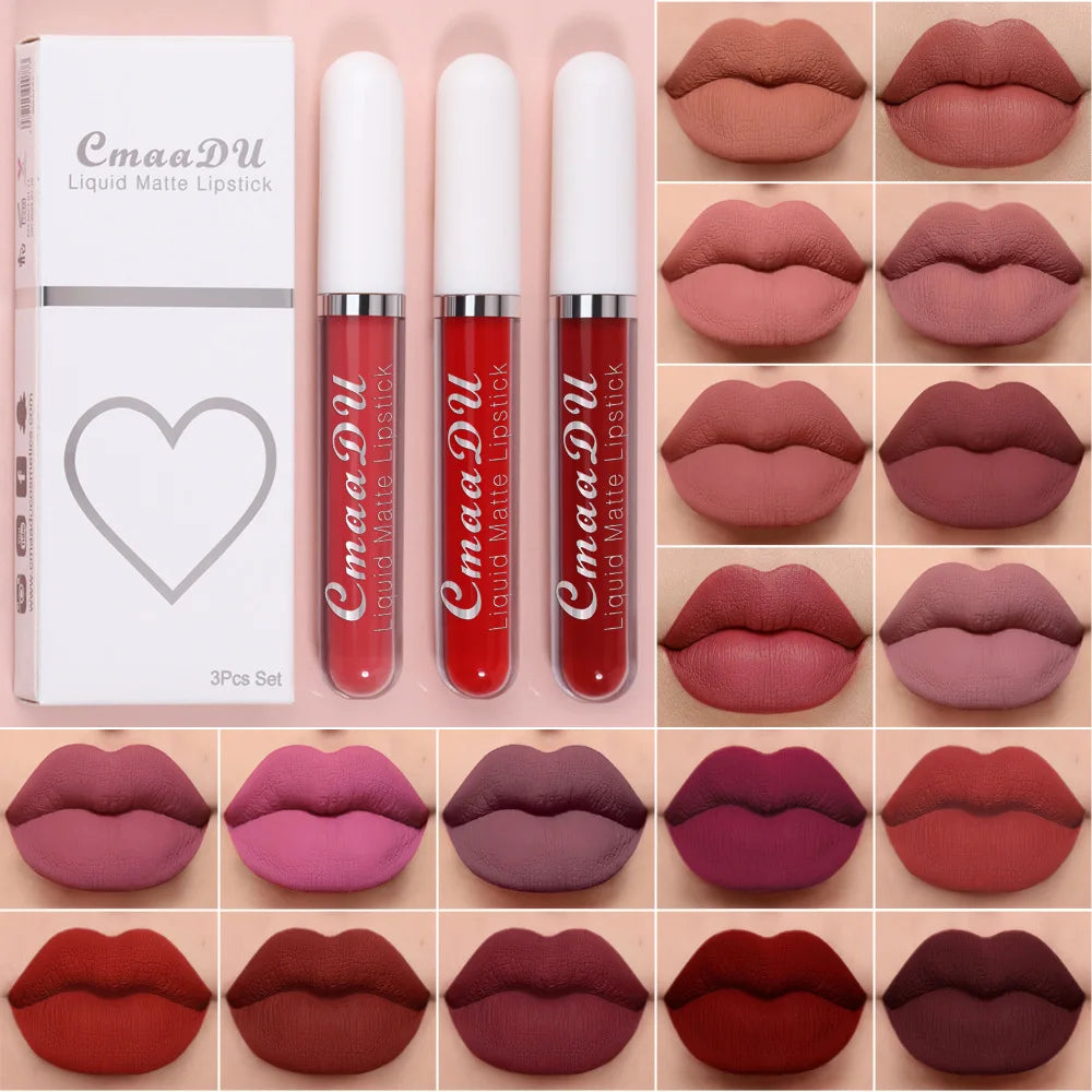 3 pièces/ensemble mat velours brillant à lèvres imperméable longue durée liquide rouge à lèvres cosmétique beauté garder 24 heures maquillage maquillages