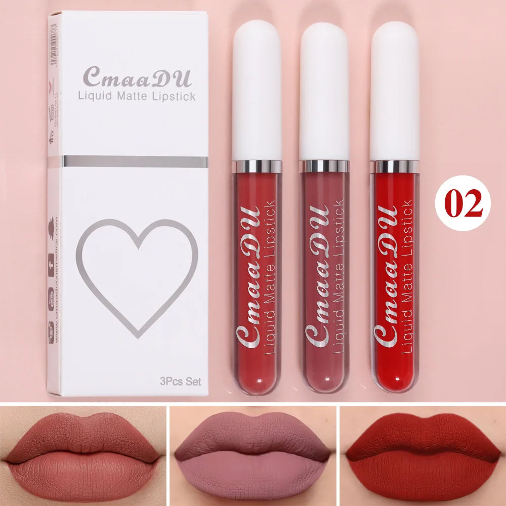 3 pièces/ensemble mat velours brillant à lèvres imperméable longue durée liquide rouge à lèvres cosmétique beauté garder 24 heures maquillage maquillages