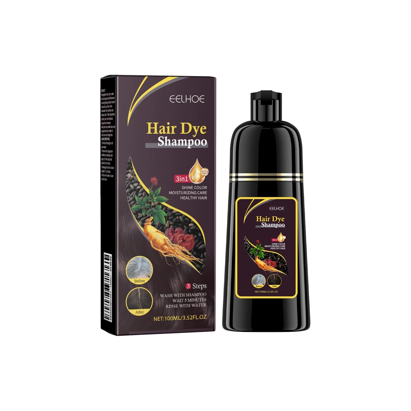 Eelhoe 100ml shampooing de teinture pour cheveux 3 en 1