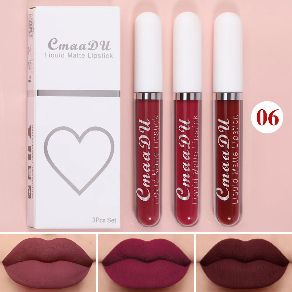 3 pièces/ensemble mat velours brillant à lèvres imperméable longue durée liquide rouge à lèvres cosmétique beauté garder 24 heures maquillage maquillages