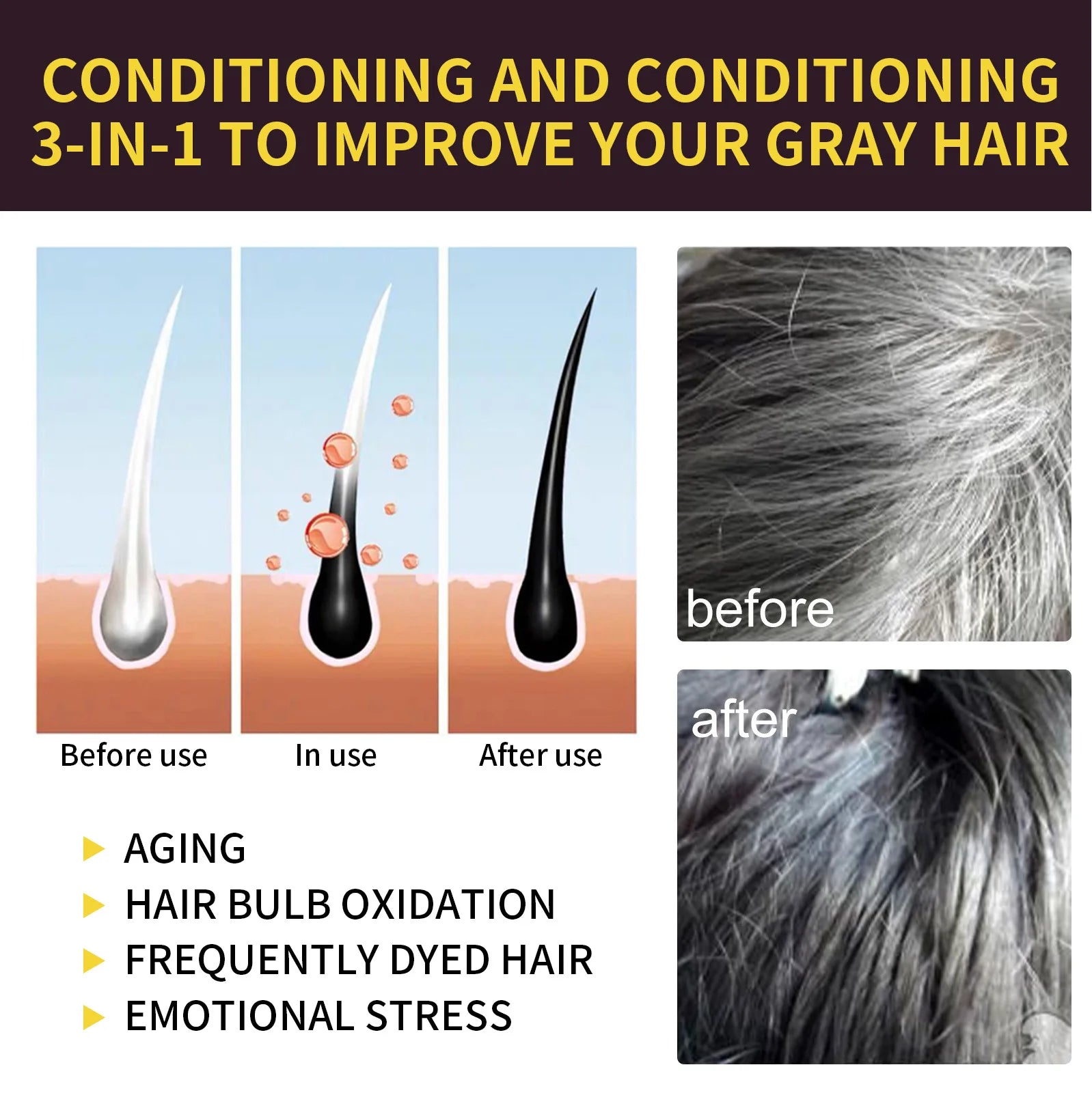 Shampoing 3 en 1 pour teinture capillaire, 100ml/500ml, assombrissant instantané, gris à noir, Polygonum Multiflorum, couverture naturelle pour hommes et femmes