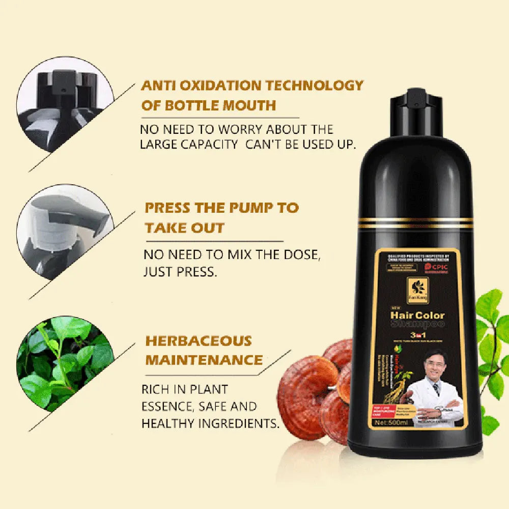 500ml 3 en 1 couleur de cheveux shampooing noir teinture pour cheveux