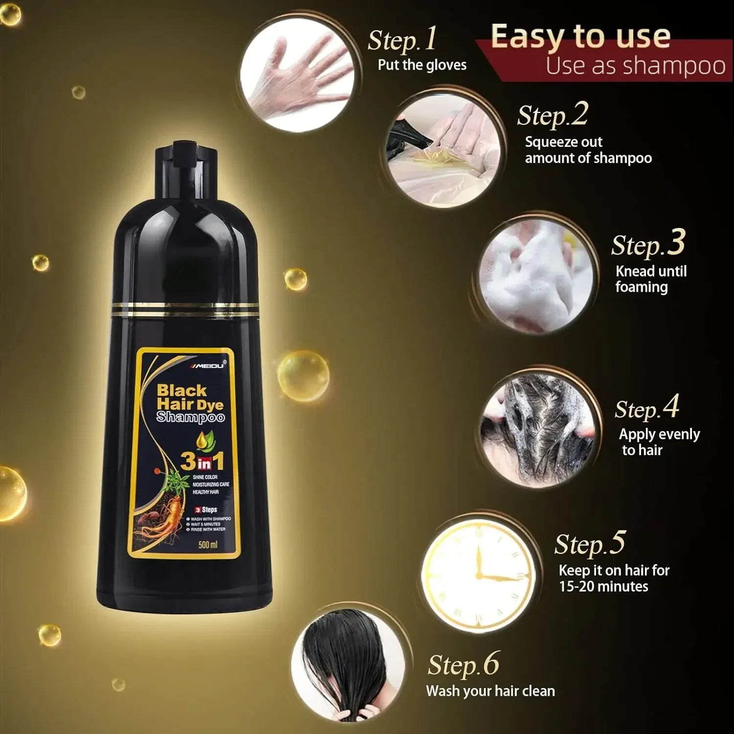 Shampoing 3 en 1 pour teinture capillaire, 100ml/500ml, assombrissant instantané, gris à noir, Polygonum Multiflorum, couverture naturelle pour hommes et femmes