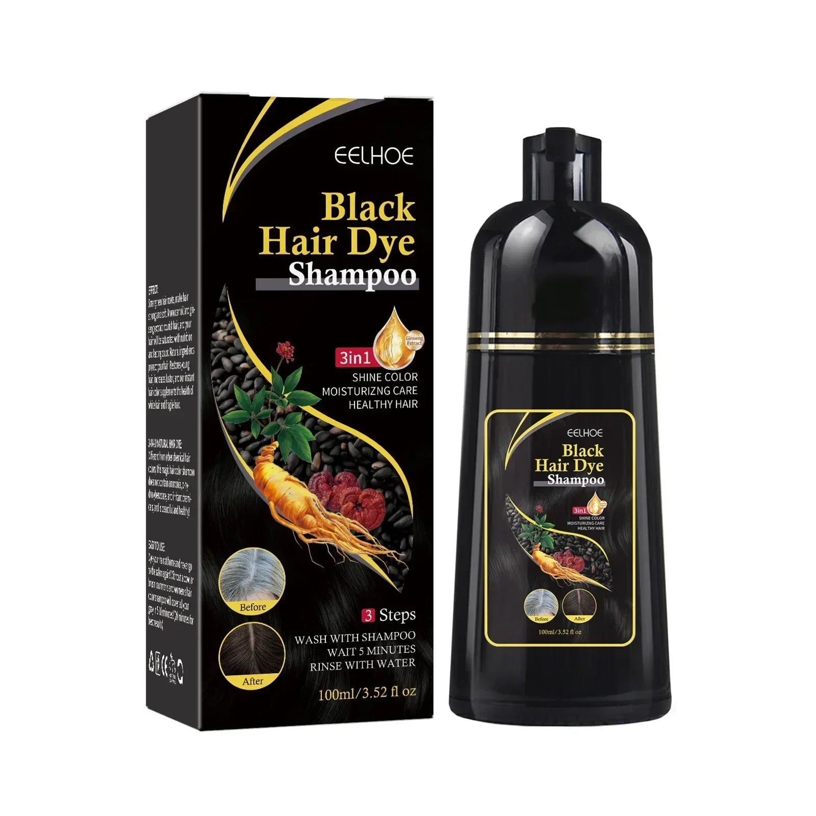Shampoing 3 en 1 pour teinture capillaire, 100ml/500ml, assombrissant instantané, gris à noir, Polygonum Multiflorum, couverture naturelle pour hommes et femmes