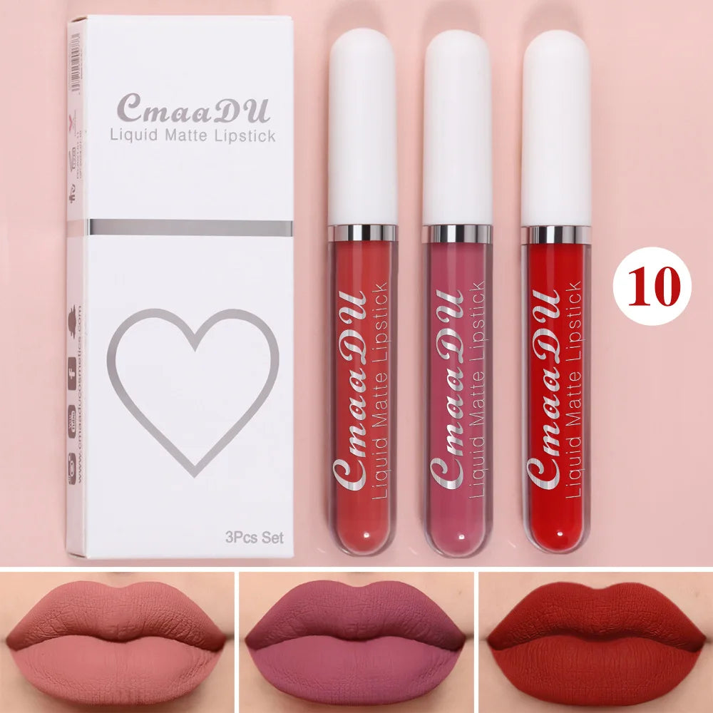 3 pièces/ensemble mat velours brillant à lèvres imperméable longue durée liquide rouge à lèvres cosmétique beauté garder 24 heures maquillage maquillages