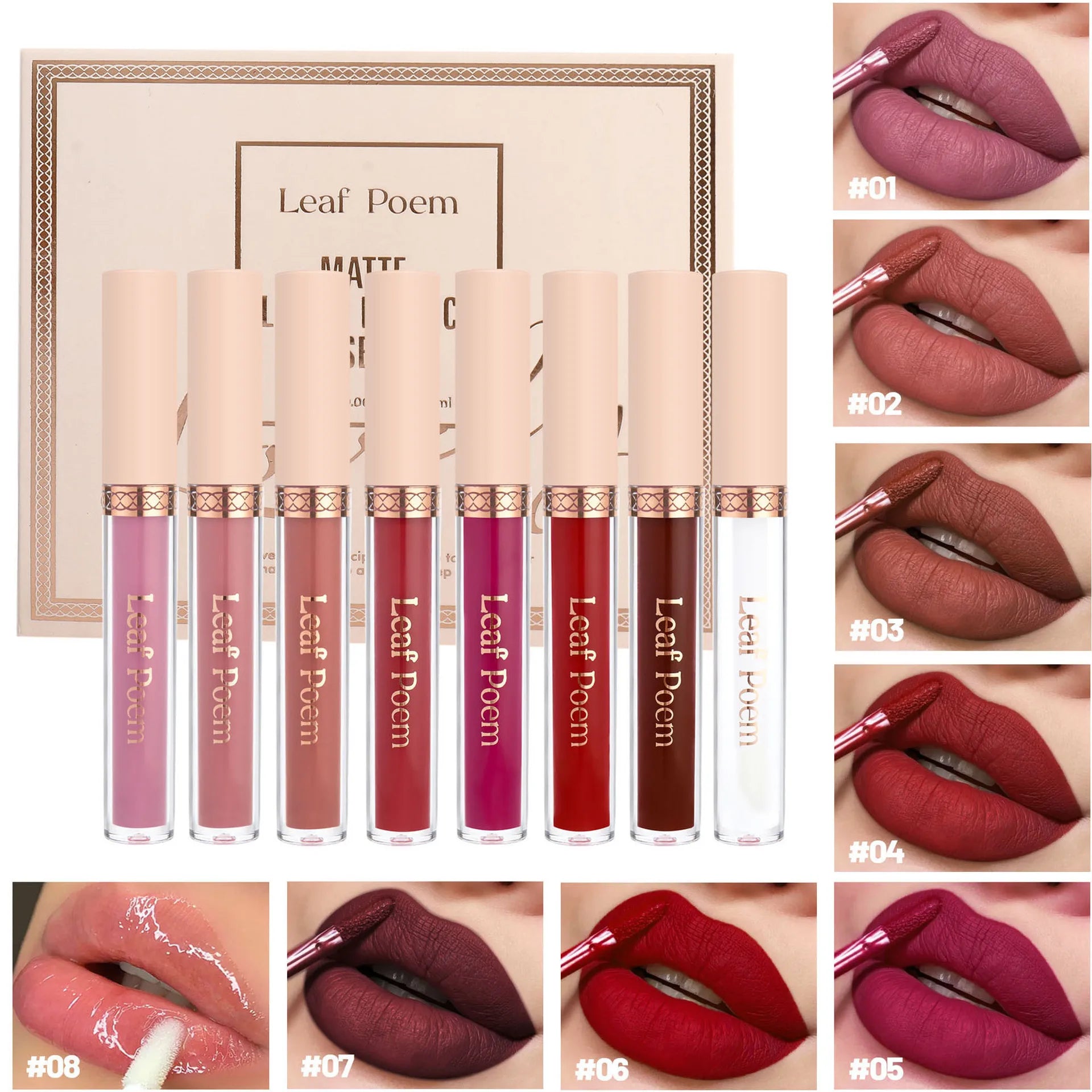 8 pcs rouge à lèvres liquide mat, vernis à lèvres - brillant à lèvres imperméable, antiadhésif, longue durée, tons marron, rose, violet et rouge, adapté pour la Saint-Valentin, au quotidien, les fêtes, les voyages