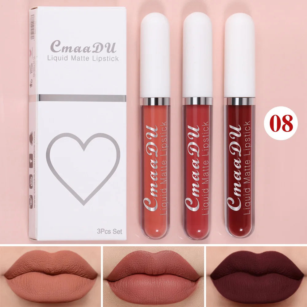3 pièces/ensemble mat velours brillant à lèvres imperméable longue durée liquide rouge à lèvres cosmétique beauté garder 24 heures maquillage maquillages