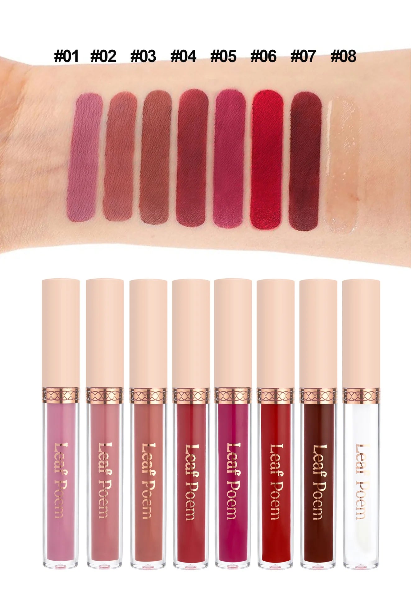 8 pcs rouge à lèvres liquide mat, vernis à lèvres - brillant à lèvres imperméable, antiadhésif, longue durée, tons marron, rose, violet et rouge, adapté pour la Saint-Valentin, au quotidien, les fêtes, les voyages
