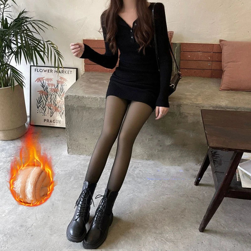 Leggings thermiques taille haute pour femmes, collants translucides élastiques, pantalons chauds, pantalons assiste épais, sexy, sourire féminin, hiver