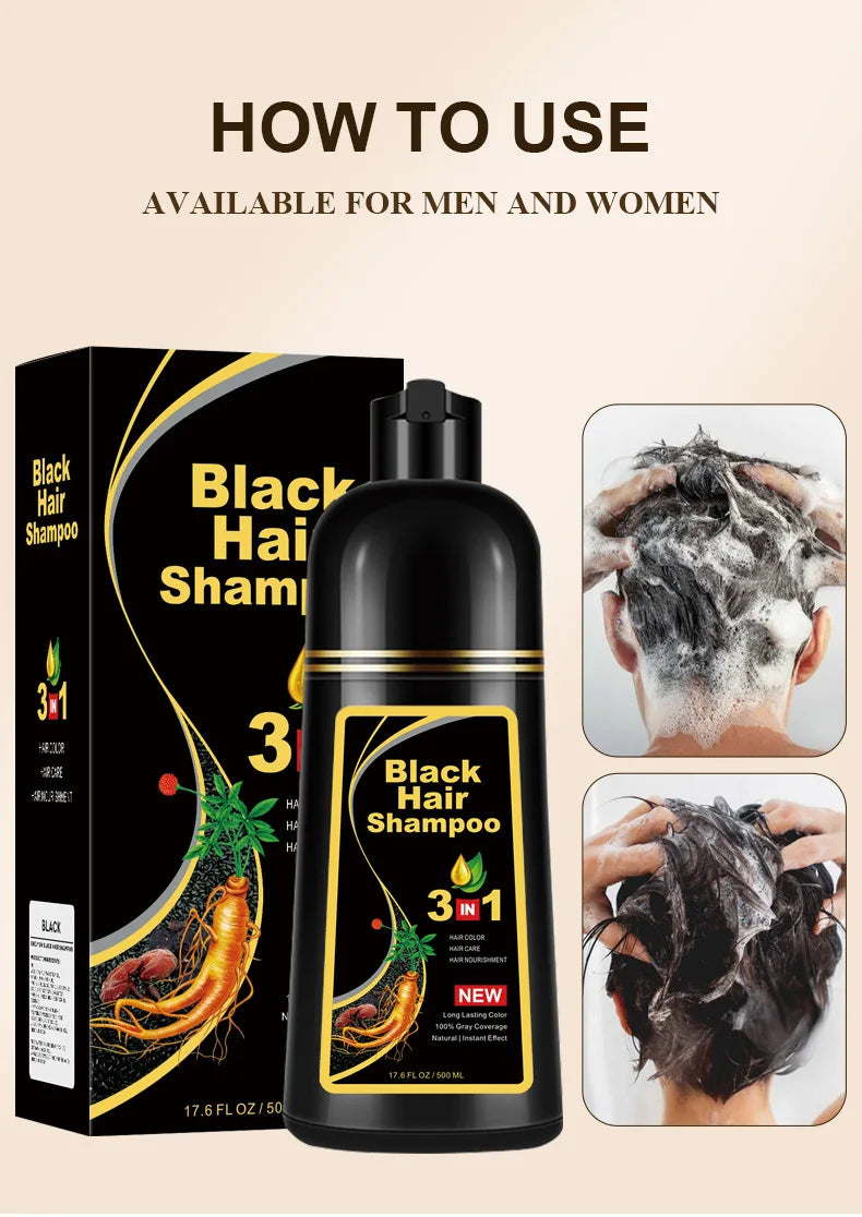 Shampoing 3 en 1 pour teinture capillaire, 100ml/500ml, assombrissant instantané, gris à noir, Polygonum Multiflorum, couverture naturelle pour hommes et femmes