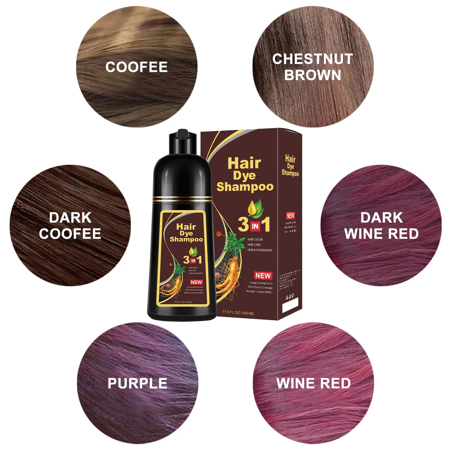Shampoing 3 en 1 pour teinture capillaire, 100ml/500ml, assombrissant instantané, gris à noir, Polygonum Multiflorum, couverture naturelle pour hommes et femmes