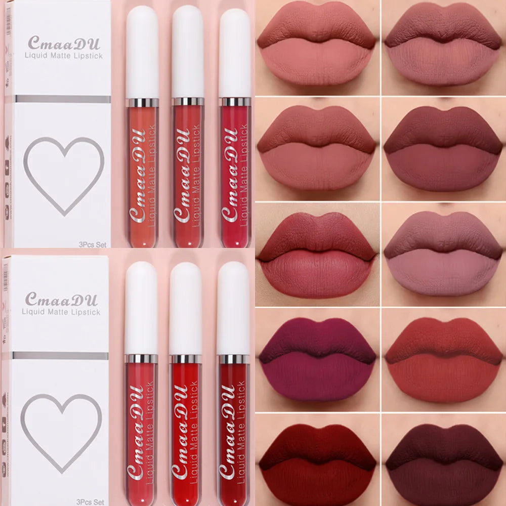 3 pièces/ensemble mat velours brillant à lèvres imperméable longue durée liquide rouge à lèvres cosmétique beauté garder 24 heures maquillage maquillages