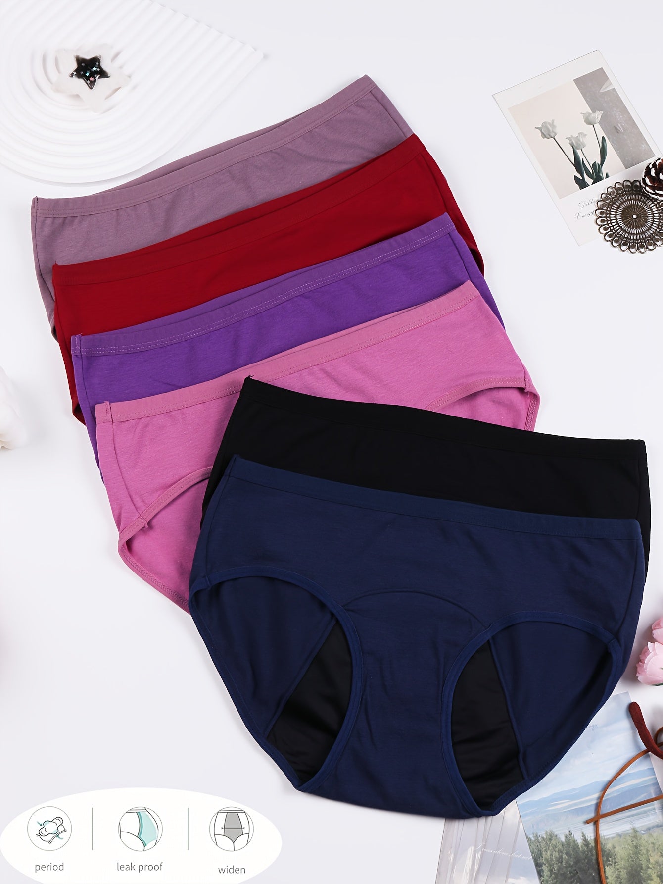 6 Culottes Menstruelles pour Femmes - Protection Anti-Fuites Respirante à Taille Basse avec Couverture Totale, 6 Couleurs