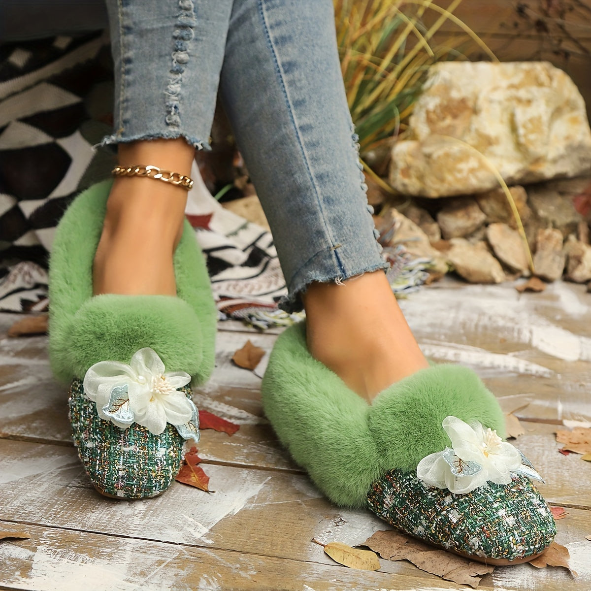 Ballerines Doublées en Polaire pour Femmes avec Nœud - Bout Carré, Chaussures Confortables pour Intérieur/Extérieur en Hiver