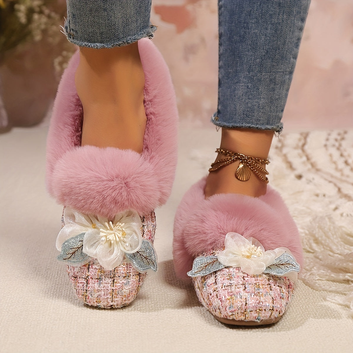 Ballerines Doublées en Polaire pour Femmes avec Nœud - Bout Carré, Chaussures Confortables pour Intérieur/Extérieur en Hiver