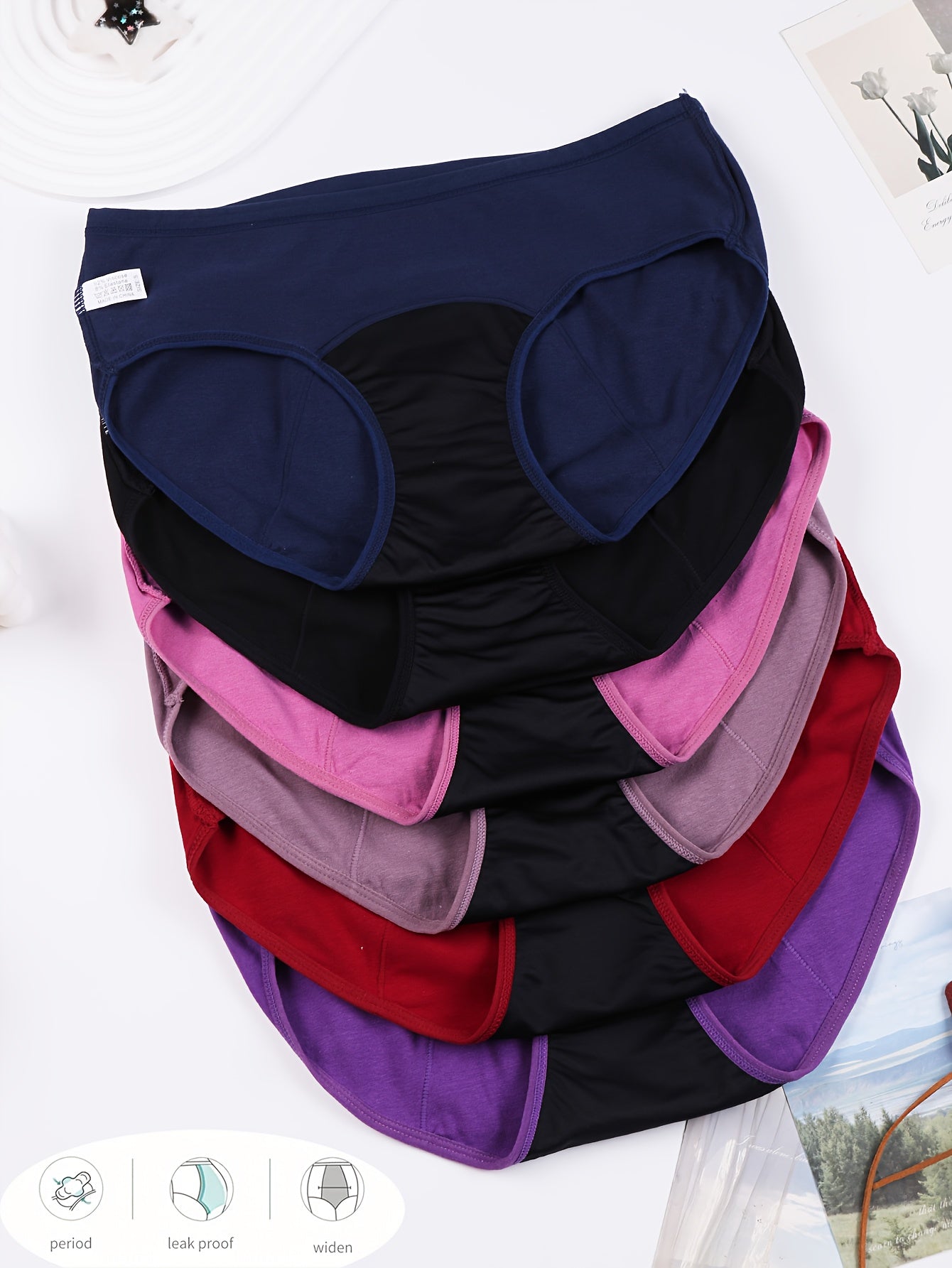 6 Culottes Menstruelles pour Femmes - Protection Anti-Fuites Respirante à Taille Basse avec Couverture Totale, 6 Couleurs