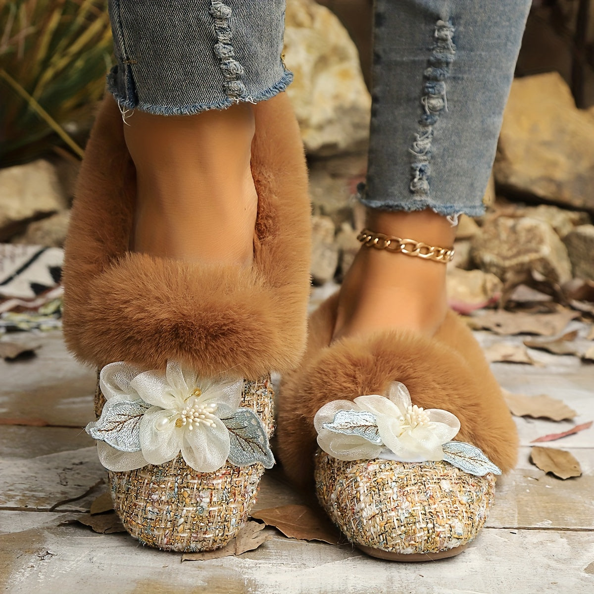 Ballerines Doublées en Polaire pour Femmes avec Nœud - Bout Carré, Chaussures Confortables pour Intérieur/Extérieur en Hiver