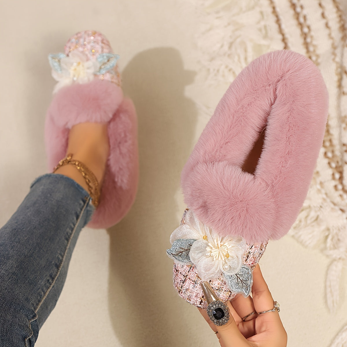 Ballerines Doublées en Polaire pour Femmes avec Nœud - Bout Carré, Chaussures Confortables pour Intérieur/Extérieur en Hiver