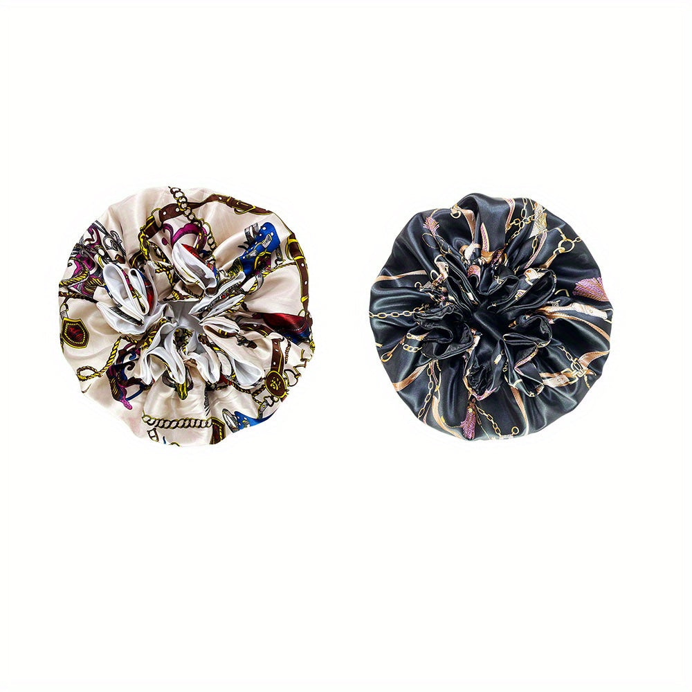 Lot de 2 bonnets en satin pour femmes, double couche, soyeux, imprimé floral et animalier, matière douce pour la nuit, idéal pour se détendre, accessoire de nuit élégant