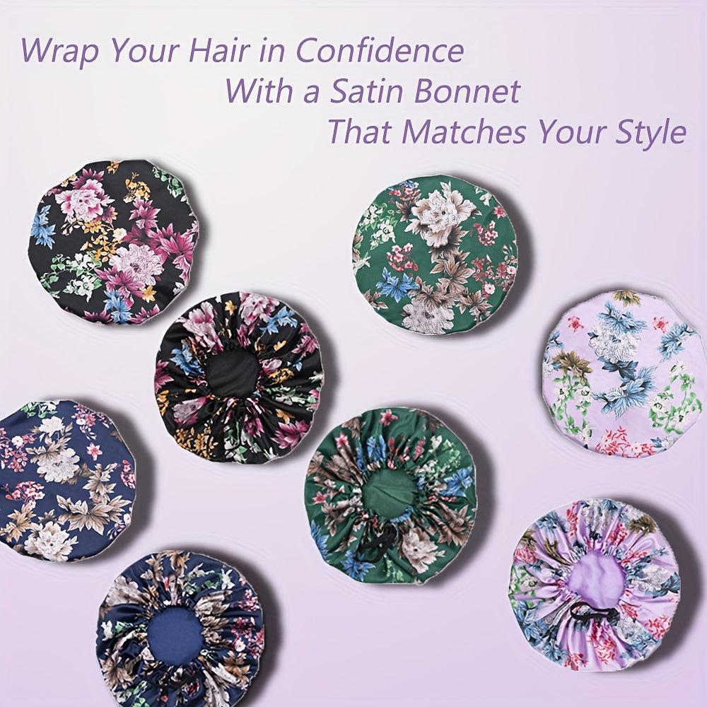Bonnet de Nuit en Satin Luxueux pour Femmes - Grande Taille Ajustable à Double Couche avec Motifs Floraux et Unis